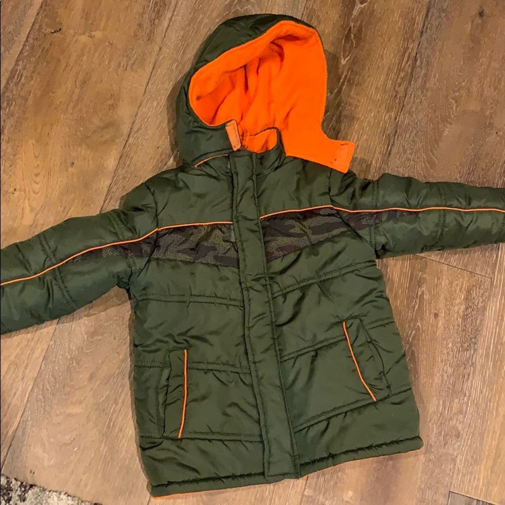 Kids winter coat. Camo and orange inside/trim